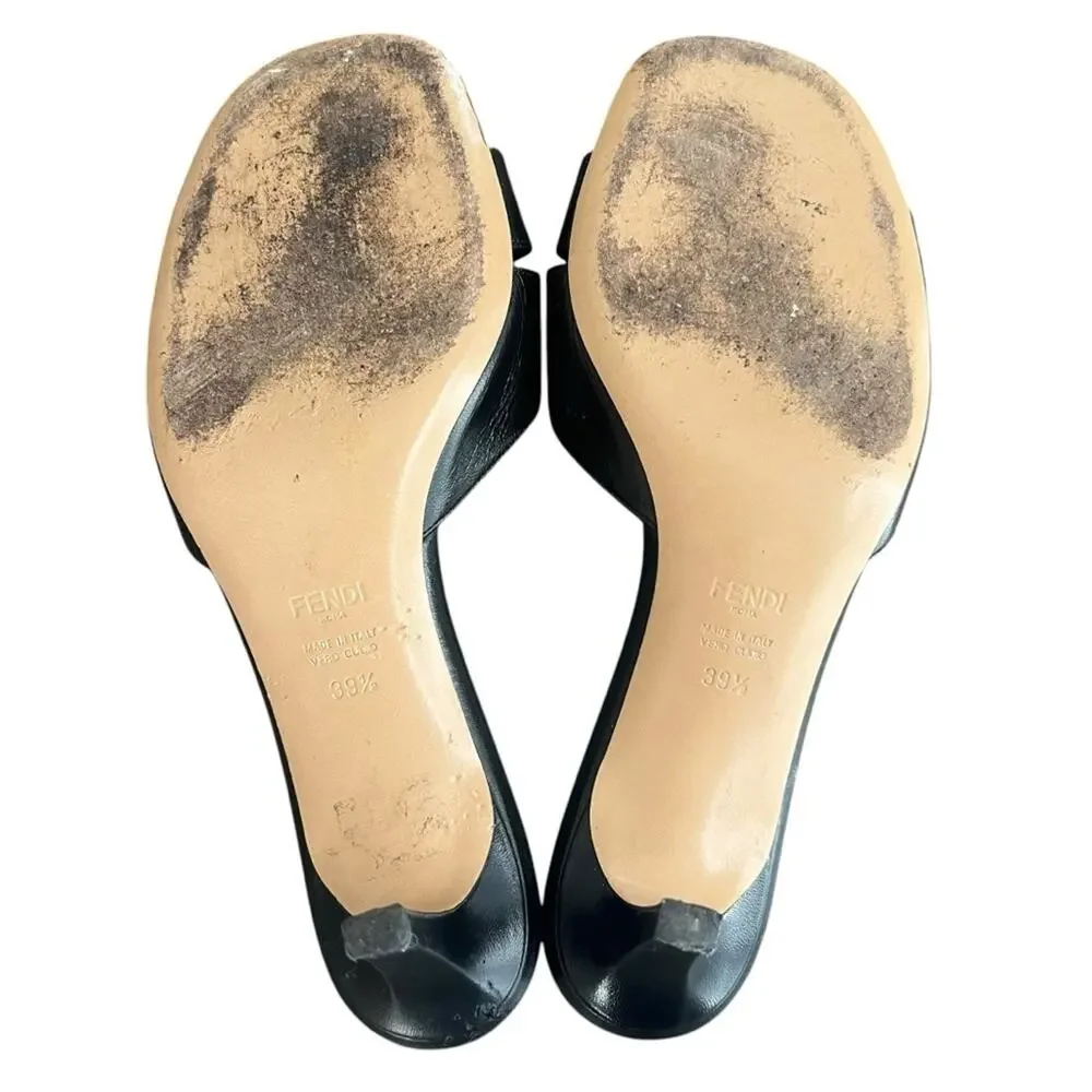Fendi Women’s Ffold Square Toe Black Leather Gold Hardware Kitten Heel Sandals - Picture 10 of 13
